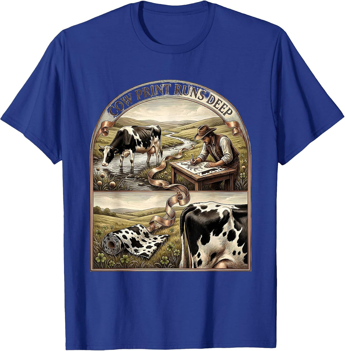 Men's Cow Print Runs Deep Cattle Lover Design T-Shirt - Royal Blue