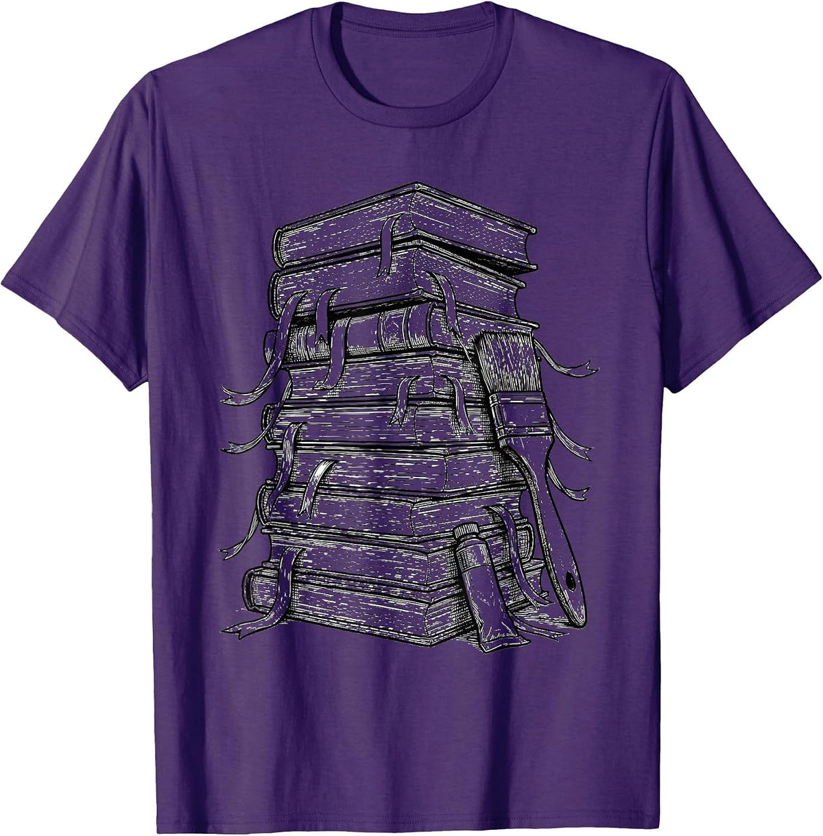 Men's Art Teacher Stacked Books Illustration Gift T-Shirt - Purple