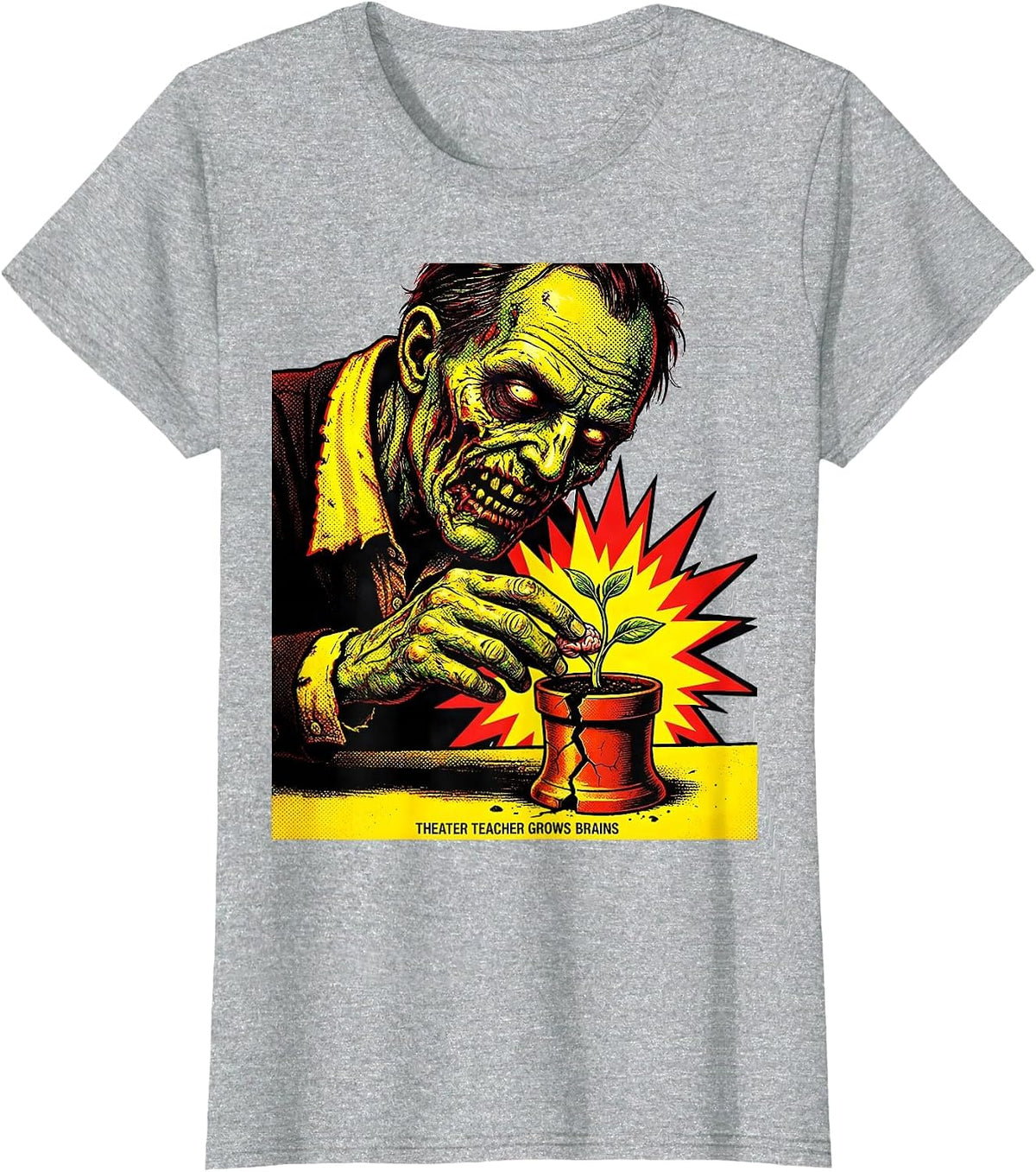Theater Teacher Grows Brains Pop Art Zombie Halloween T-Shirt - Heather Grey