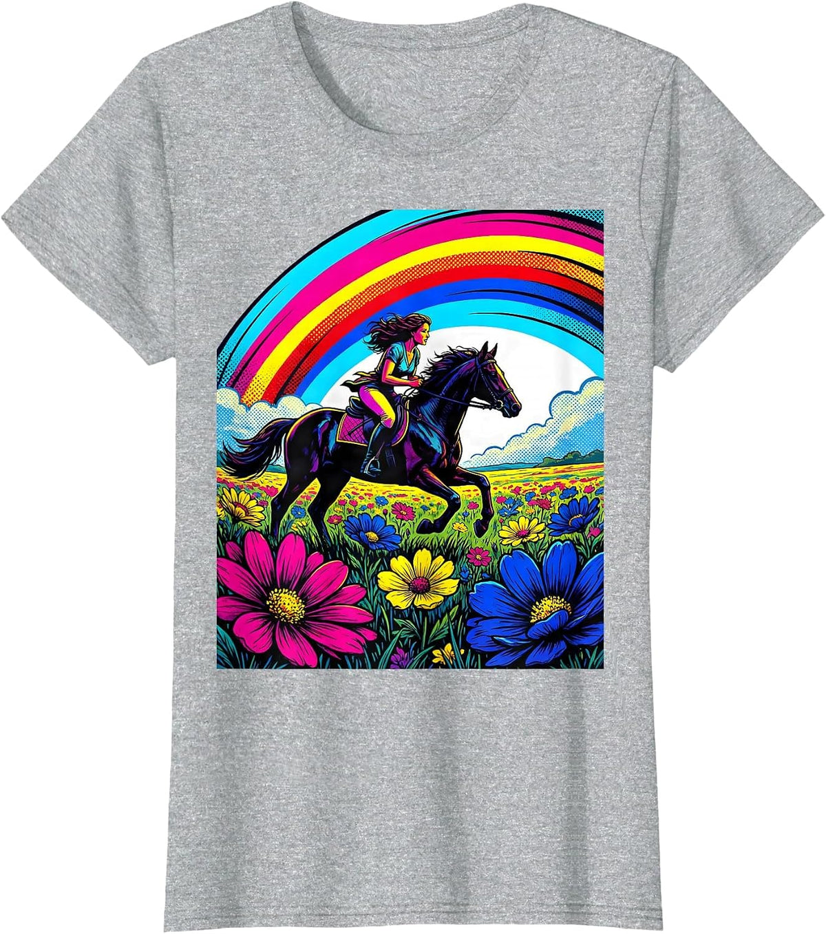 Rainbow Meadow Horse Rider Colorful Nature Art T-Shirt - Heather Grey