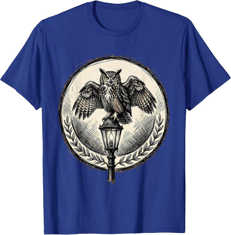 Owl on Library Lamp Post College Campus Art T-Shirt - Royal Blue