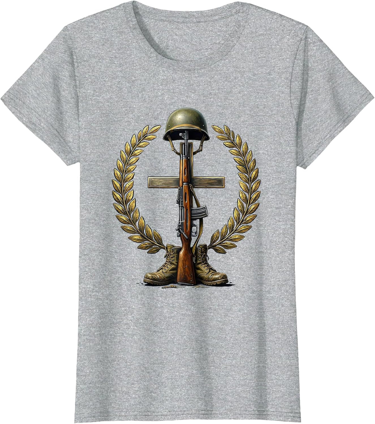 Fallen Soldier Memorial Rifle and Helmet Graphic T-Shirt - Heather Grey