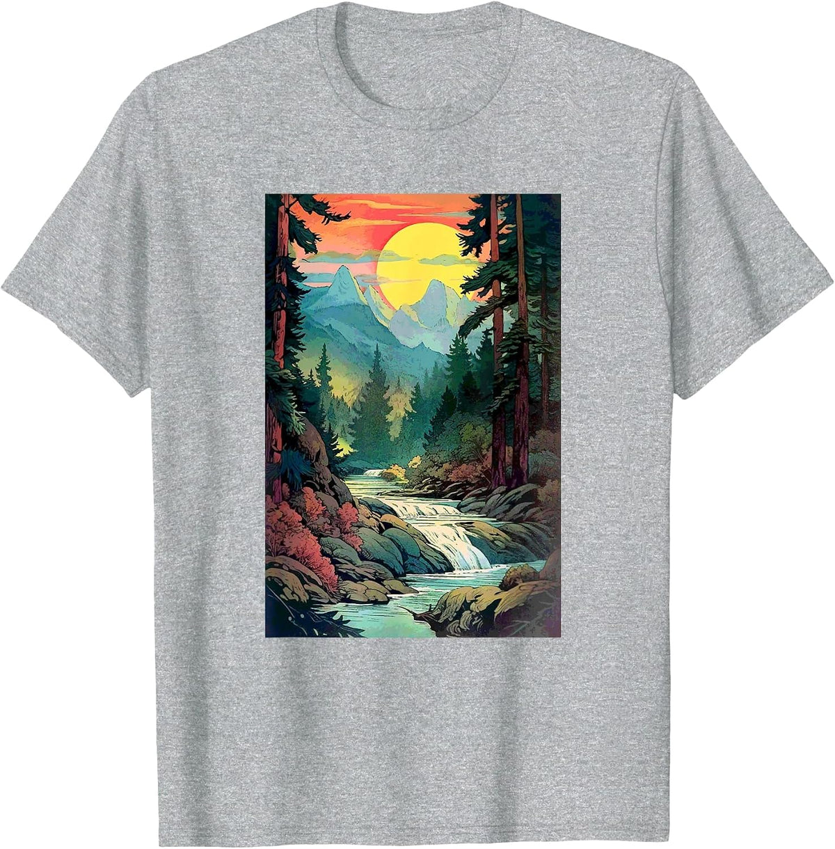 Mountains Trees River Waterfall Woodsy Nature Scene Outdoors T-Shirt - Heather Grey