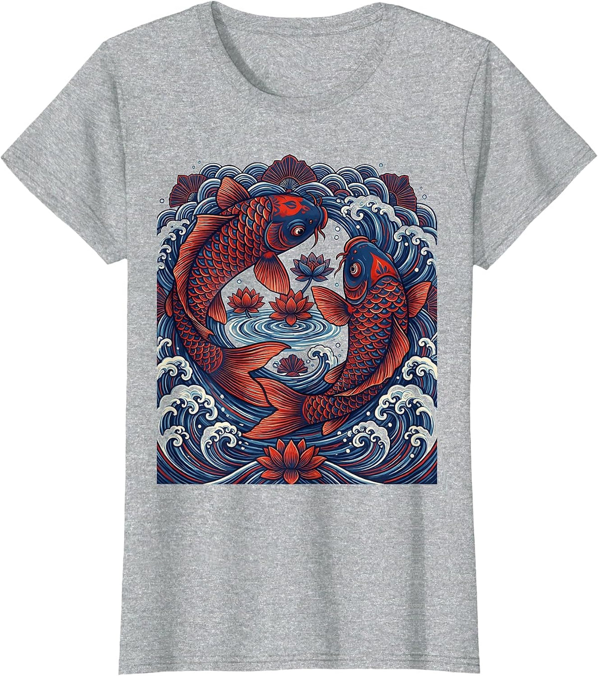 Koi Fish Japanese Wave Tattoo Art Design T-Shirt - Heather Grey