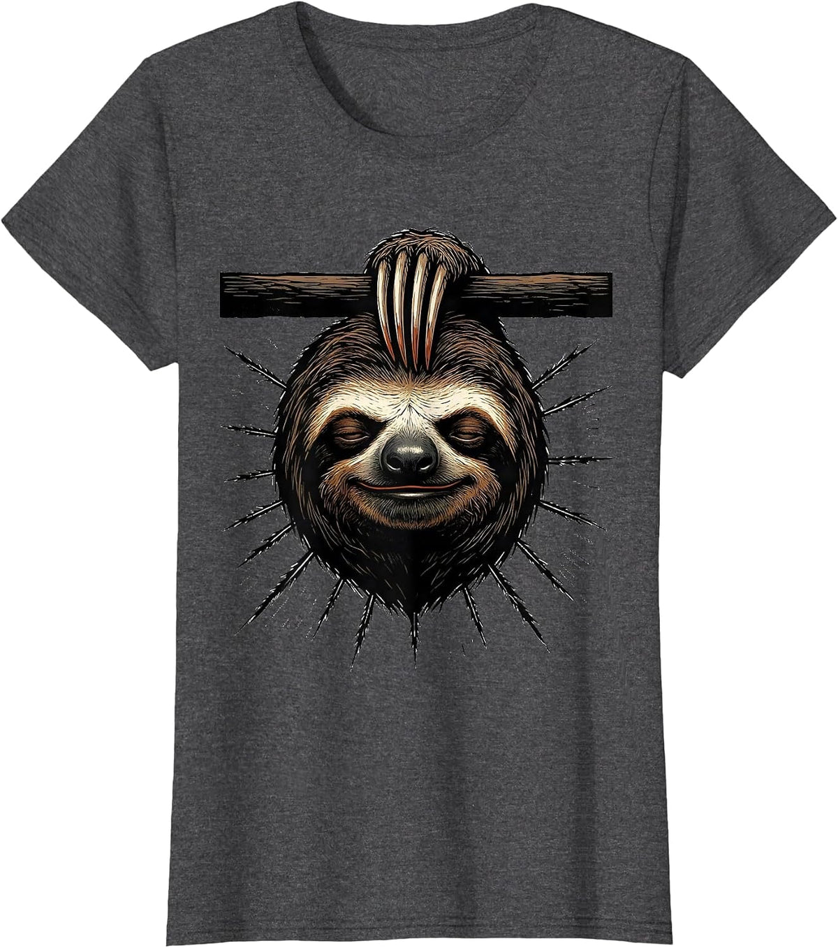 Women's Oversized Sloth Linocut Funny Animal Lover Humor T-Shirt - Dark Heather Grey