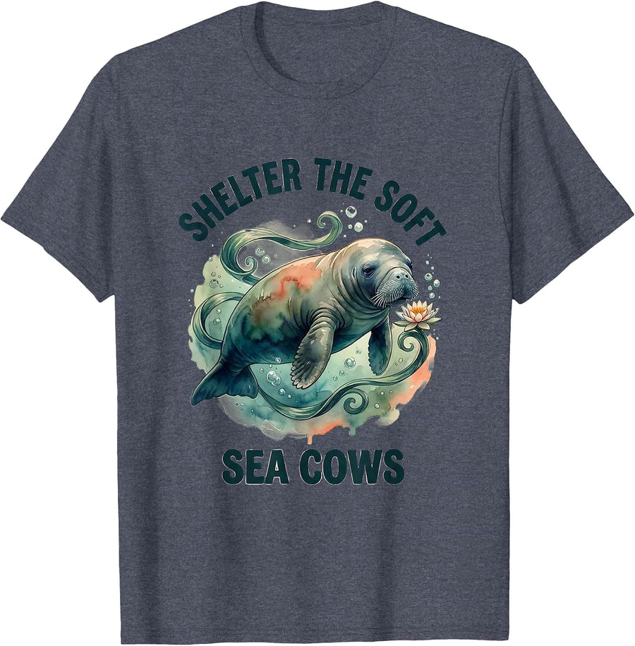 Shelter The Soft Sea Cows Watercolor Manatee Lover Crystal T-Shirt - Heather Blue