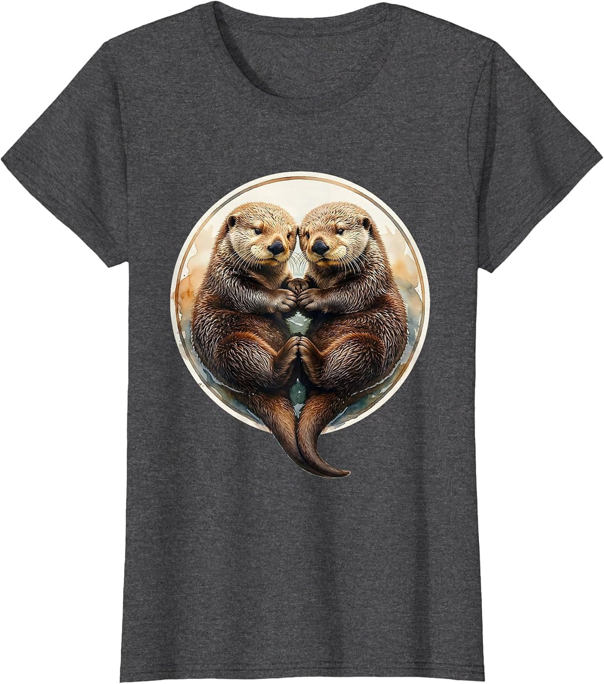 Women's Sea Otter Couple Holding Paws Sleeping Illustration T-Shirt - Dark Heather Grey