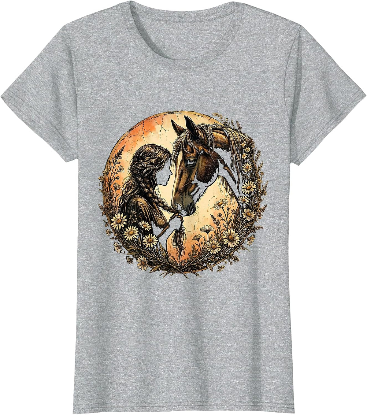 Western Horse Braiding Illustration Graphic Tee T-Shirt - Heather Grey