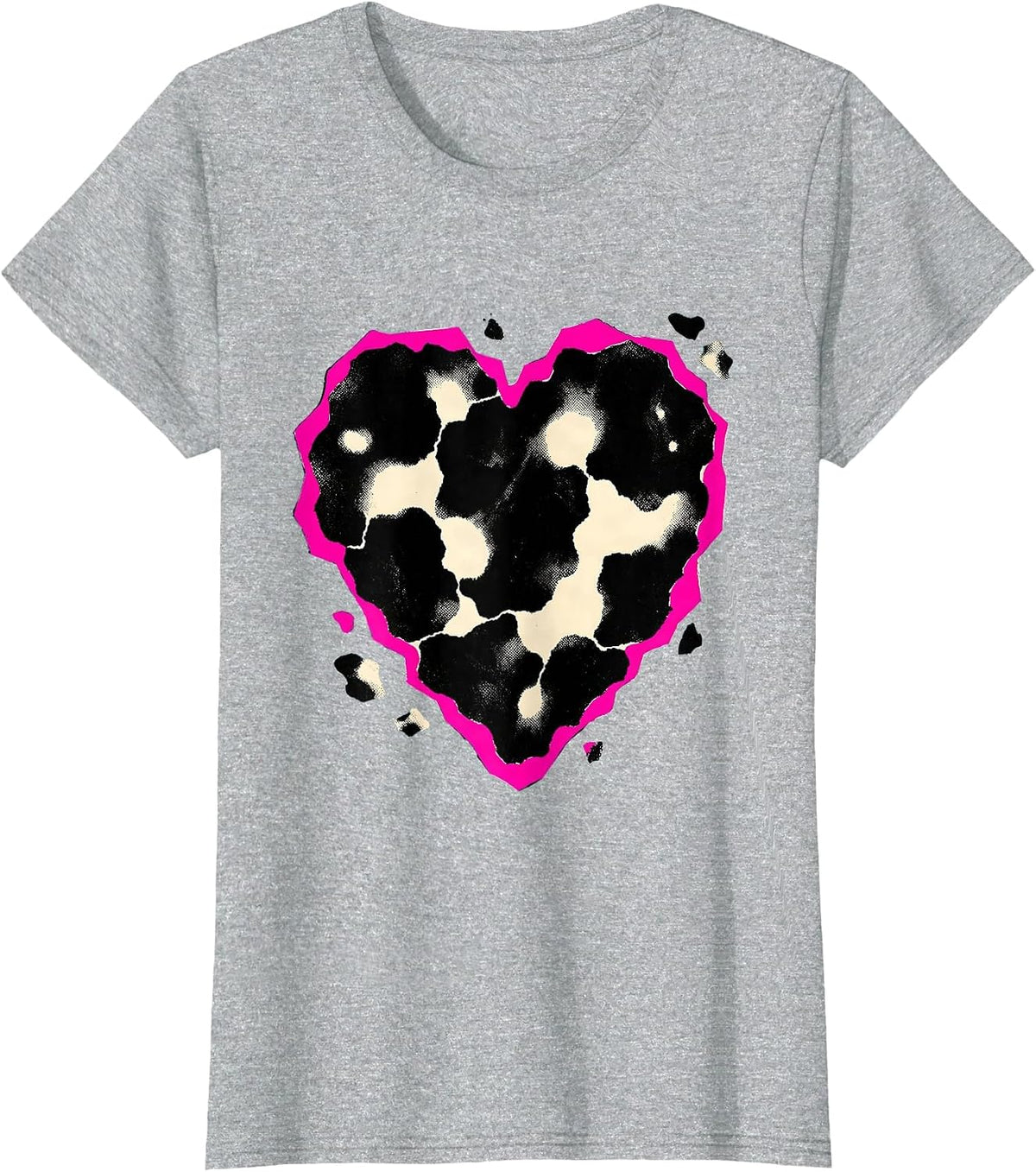 Cow Print Heart Pattern Playful Cow Lover Novelty T-Shirt - Heather Grey
