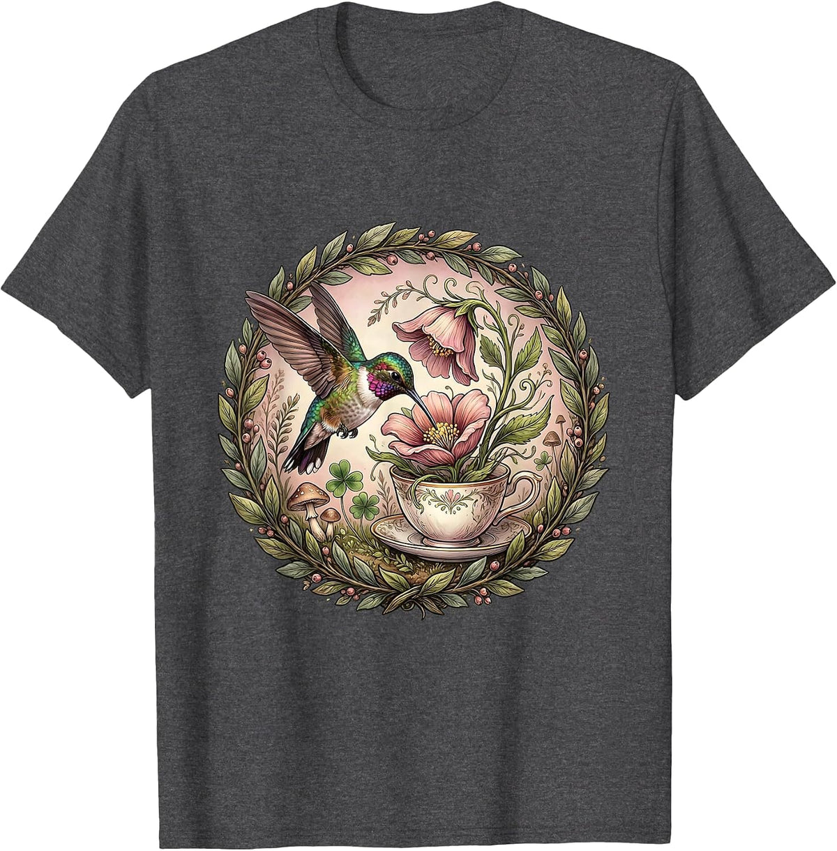Hummingbird Teacup Flower Botanical Art T-Shirt - Dark Heather Grey