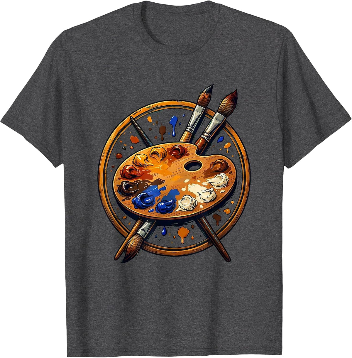 Art Teacher Paint Palette Crossed Brushes Graphic T-Shirt - Dark Heather Grey