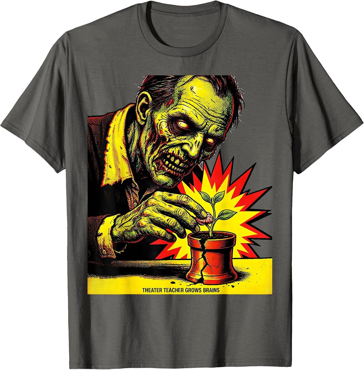 Theater Teacher Grows Brains Pop Art Zombie Halloween T-Shirt - Asphalt Grey