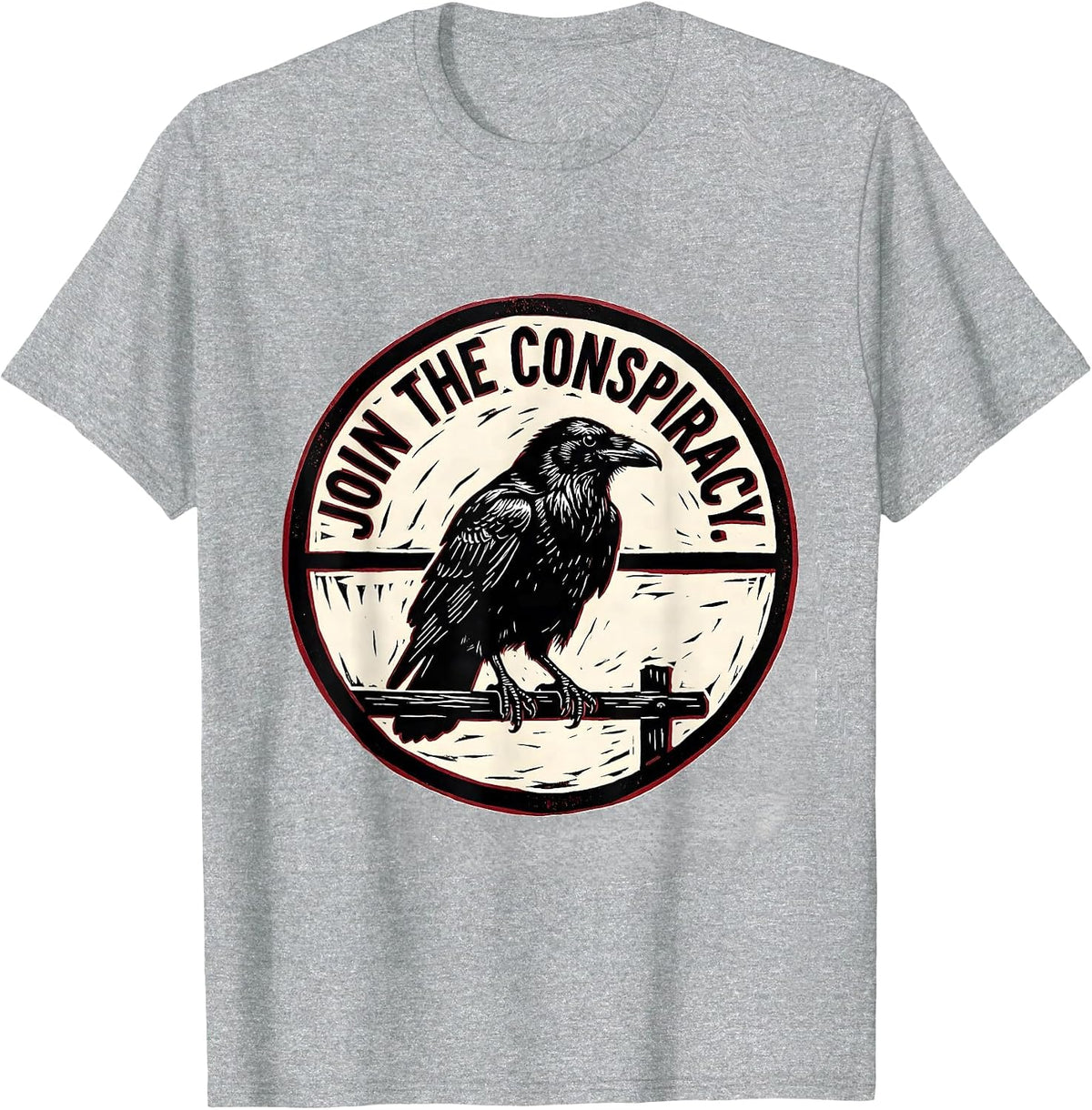 Men's Join The Conspiracy Linocut Crow Humor Literary Pun T-Shirt - Heather Grey