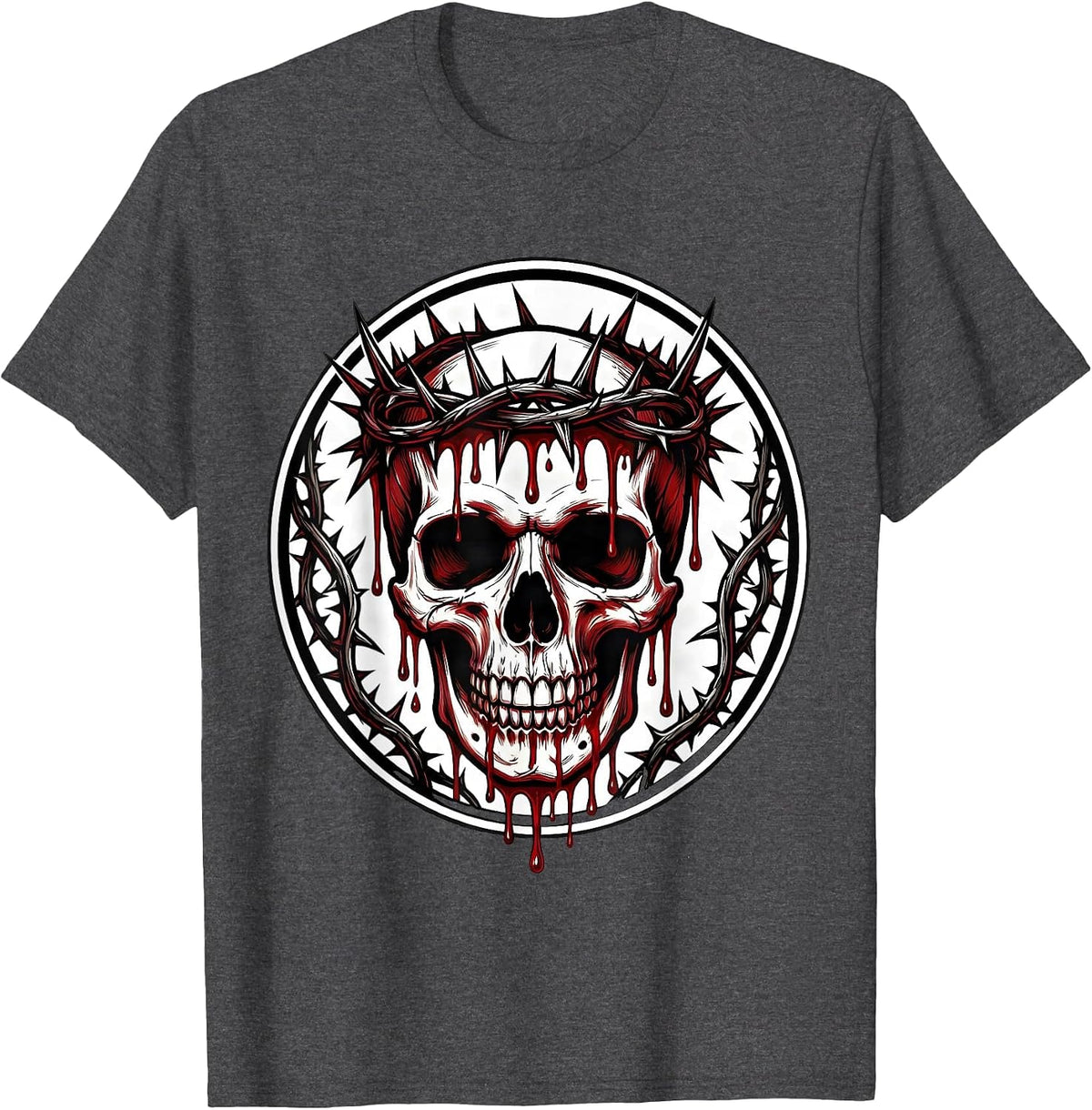 Men's Thorned Crown Dripping Blood Onto Skull Graphic T-Shirt - Dark Heather Grey
