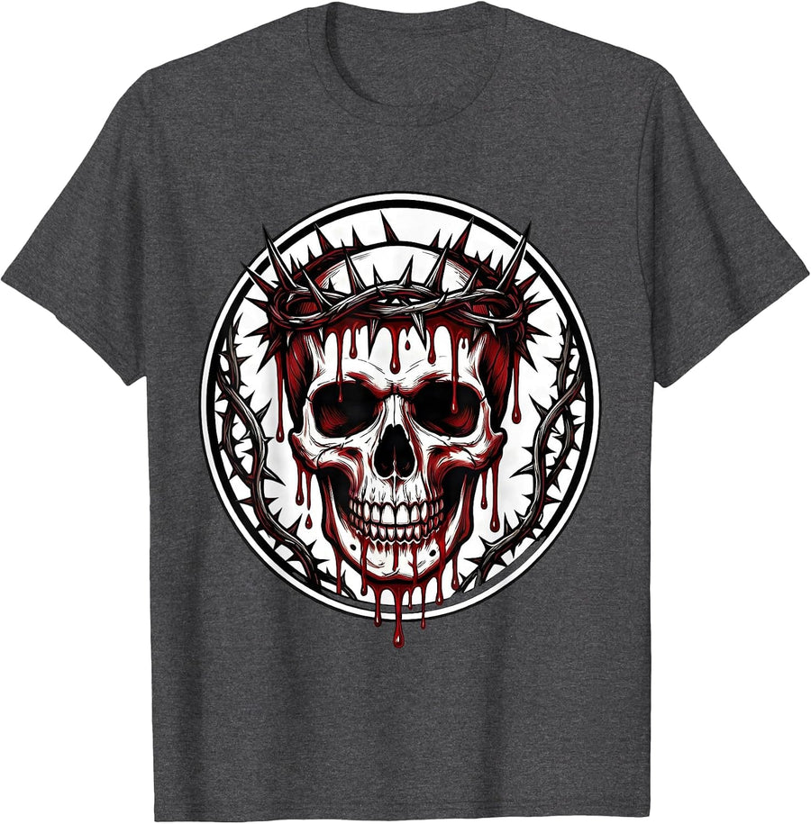 Men's Thorned Crown Dripping Blood Onto Skull Graphic T-Shirt - Dark Heather Grey