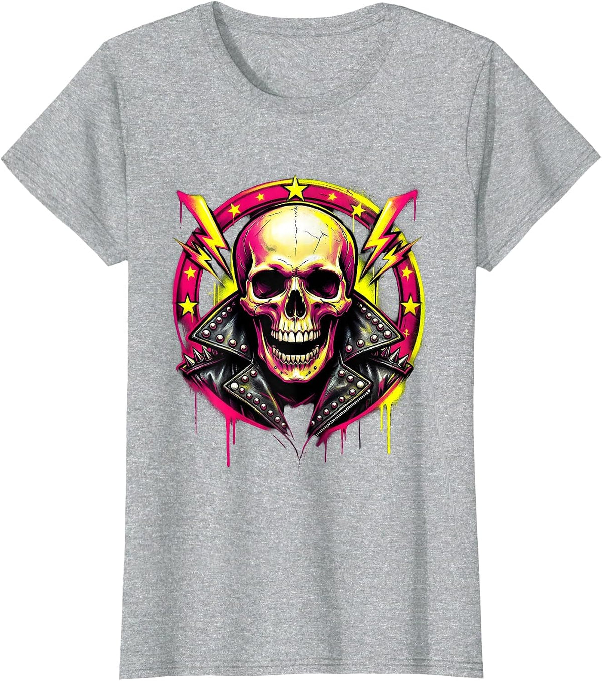 80s Rock Skull Studded Leather Jacket Graphic T-Shirt - Heather Grey