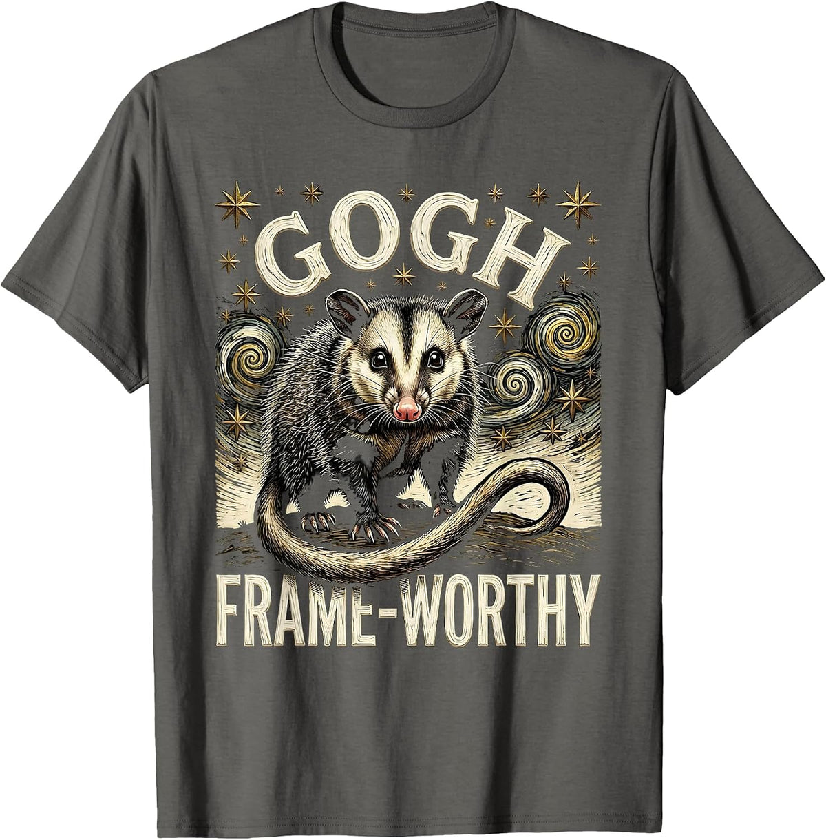 Men's Gogh, Frame-Worthy Woodcut Engraving Opossum Van Gogh Art T-Shirt - Asphalt Grey