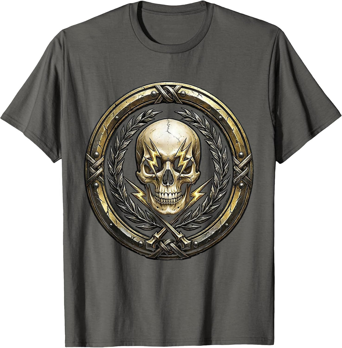 Skull With Lightning Bolt Eyes Metal Band Graphic T-Shirt - Asphalt Grey