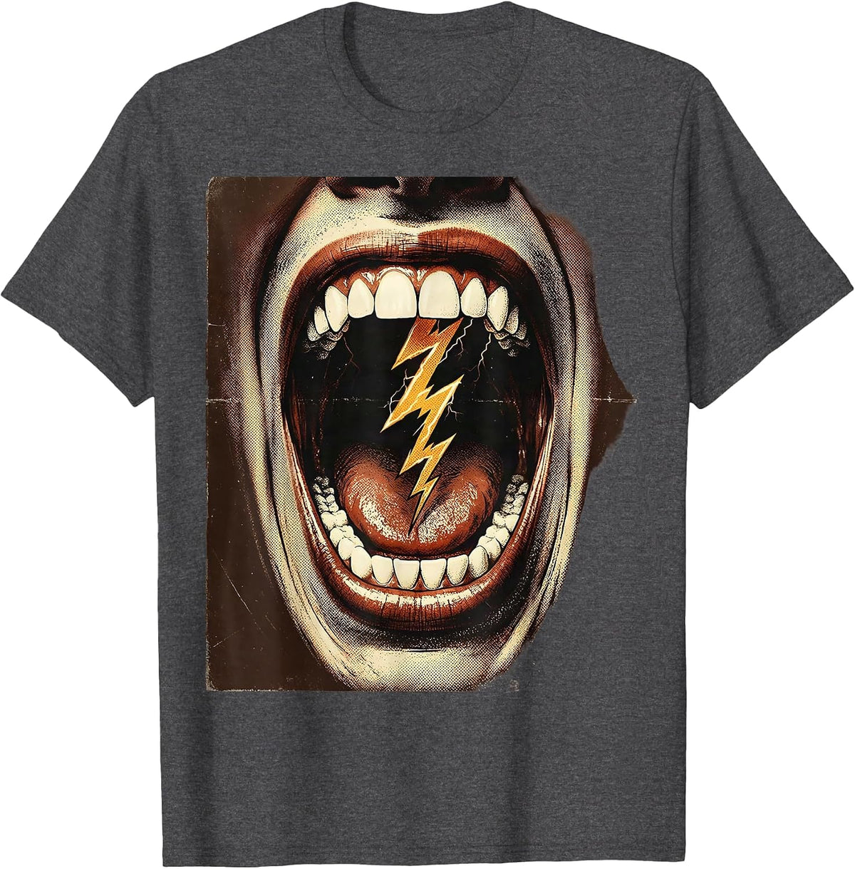 Rock Lightning Screaming Mouth Graphic Tee T-Shirt - Dark Heather Grey