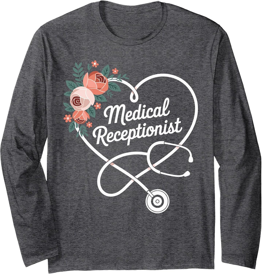 Medical Receptionist Heart Long Sleeve T-Shirt - Adult Unisex Dark Heather Grey