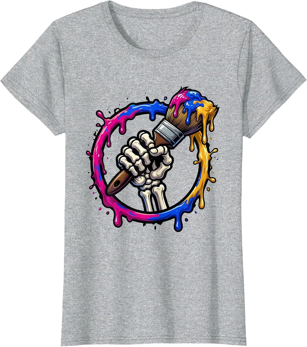 Women's Skeleton Hand Paintbrush Art Teacher Graphic T-Shirt - Heather Grey