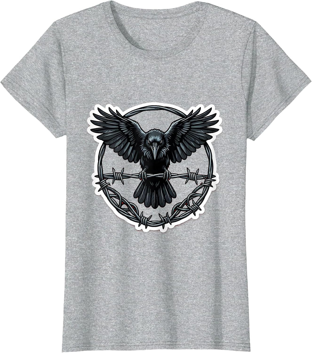 Crow on Razor Wire Fence Illustration T-Shirt - Heather Grey