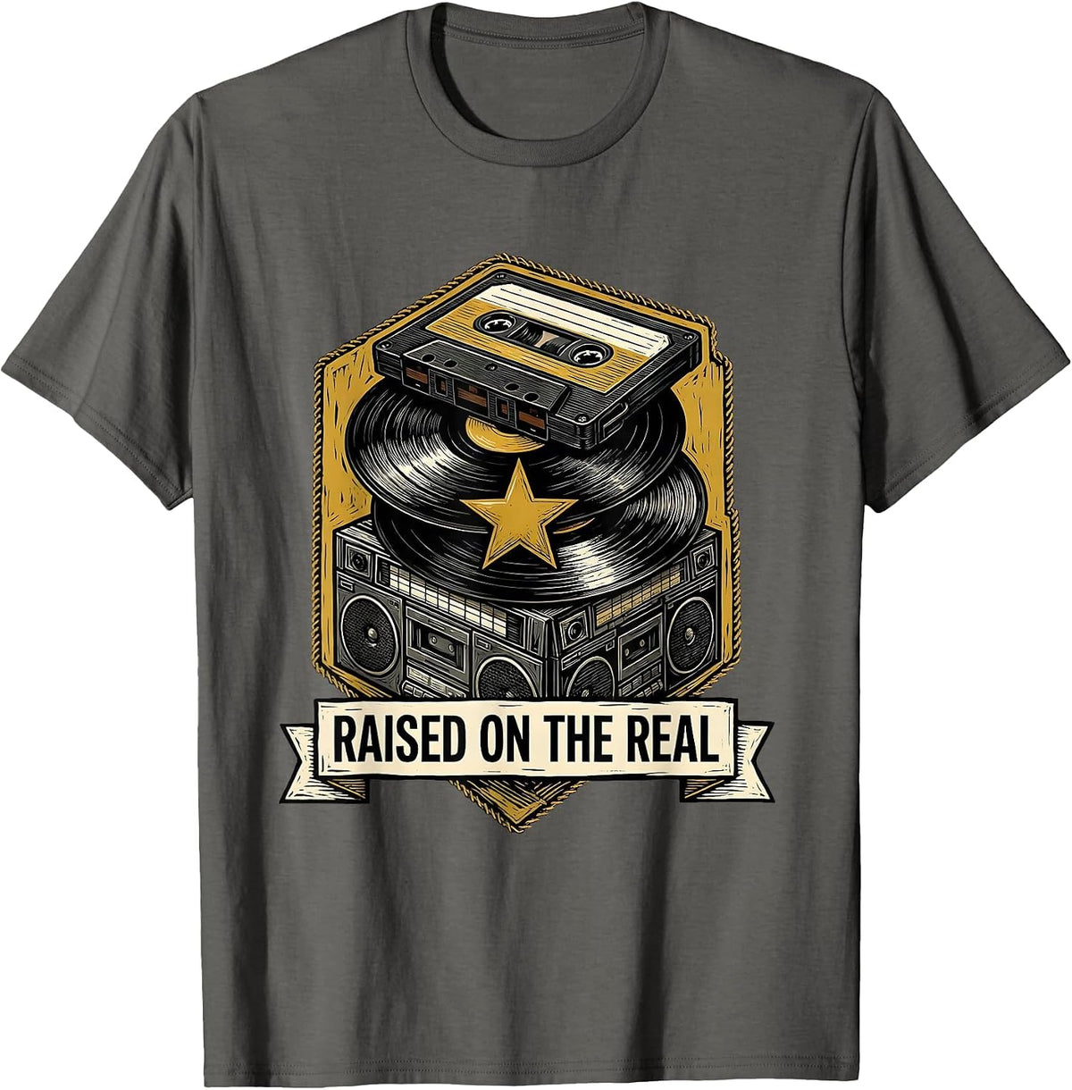 Raised On The Real Retro Golden Era 90s Hip-Hop Rap Music T-Shirt - Asphalt Grey