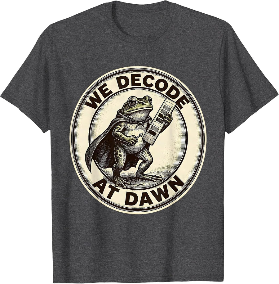 Men's We Decode At Dawn Funny Frog Teacher Back to School T-Shirt - Dark Heather Grey
