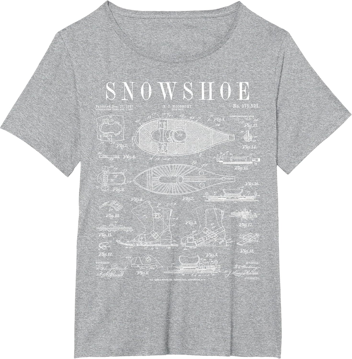 Snowshoe Snowshoeing Winter Hiking Vintage Patent Print T-Shirt - Heather Grey