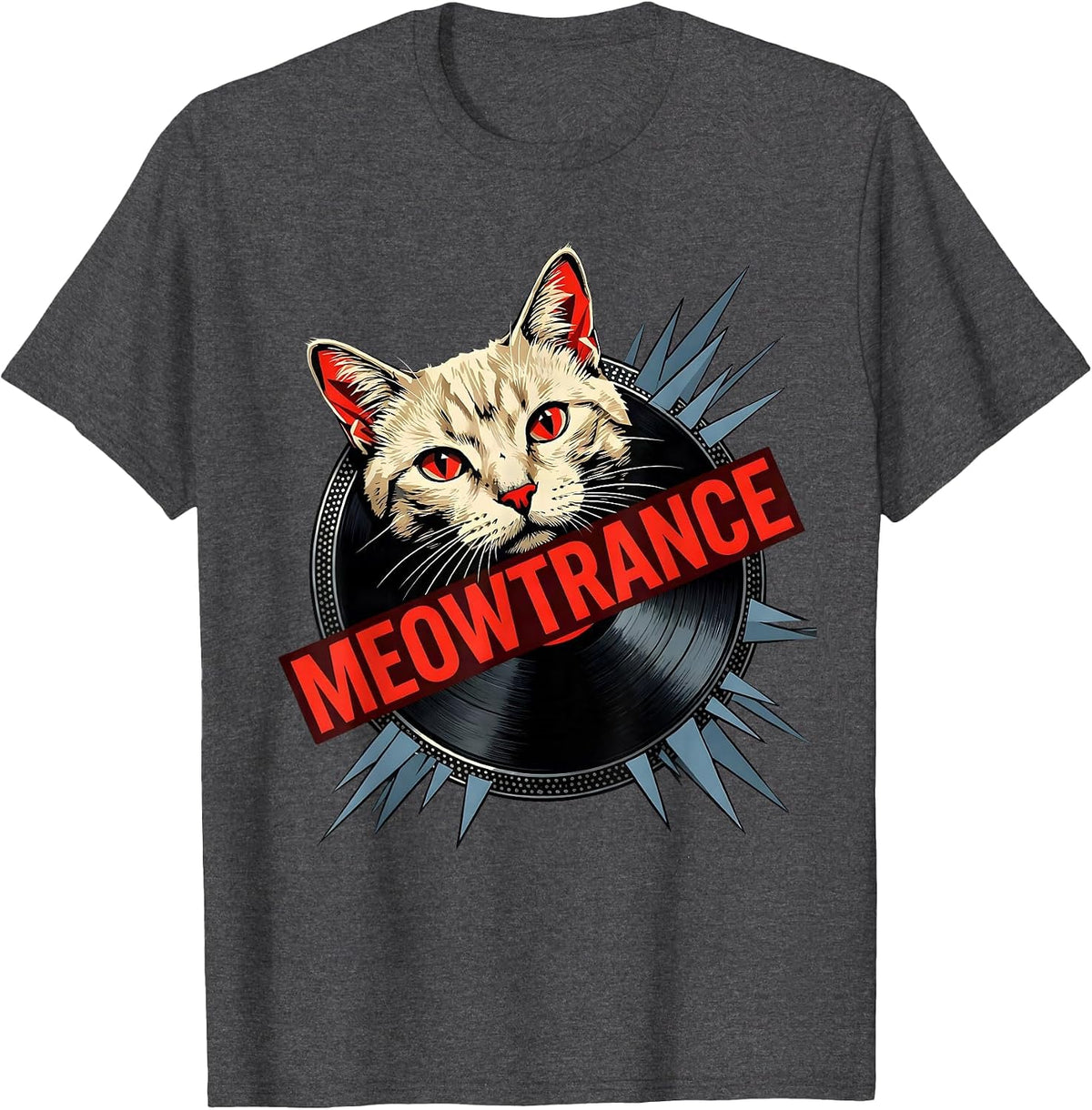 Men's Meowtrance Constructivist Cat DJ Punk Metal Rock Humor T-Shirt - Dark Heather Grey
