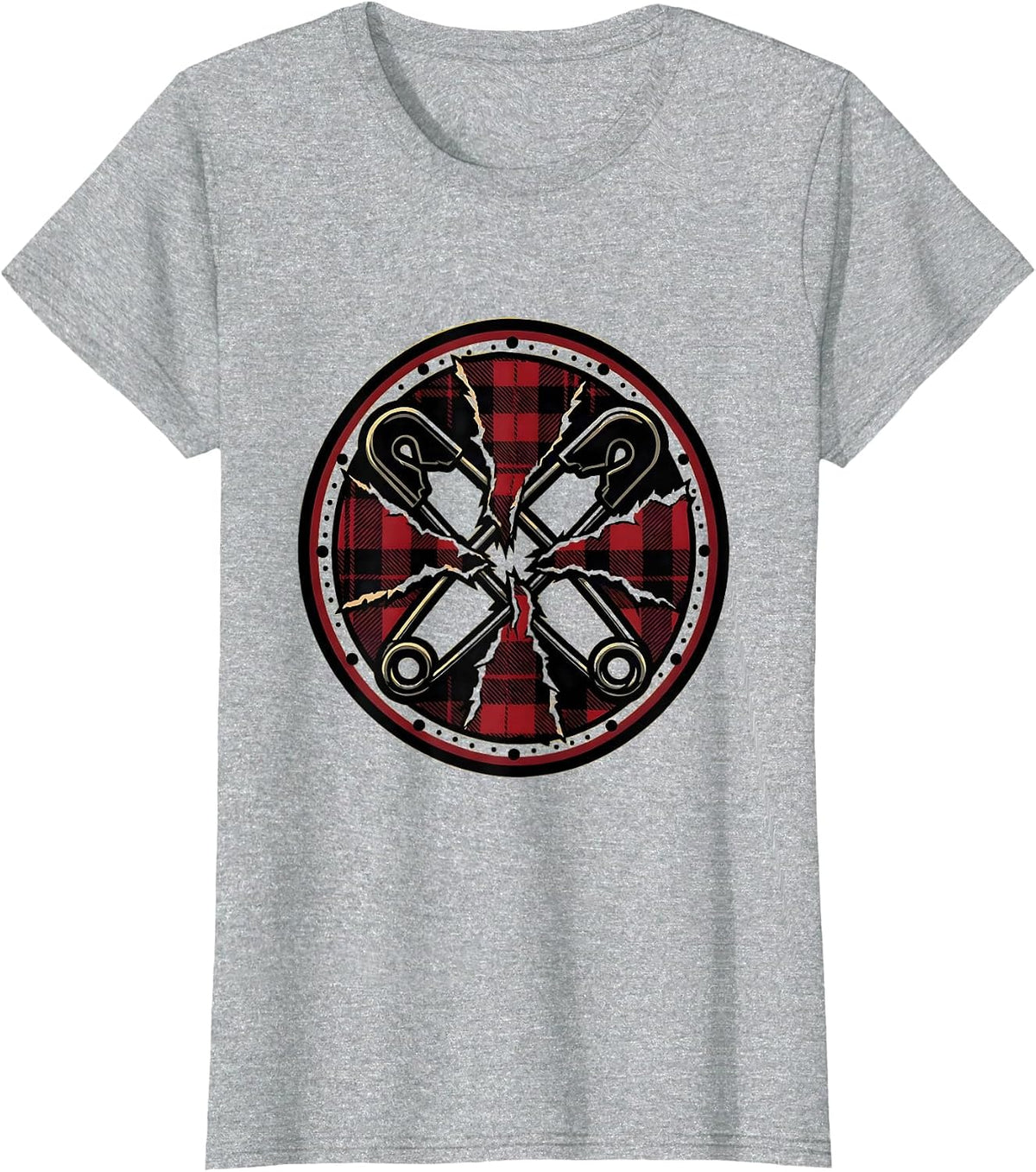 Punk Safety Pin Torn Fabric Graphic Tee T-Shirt - Heather Grey