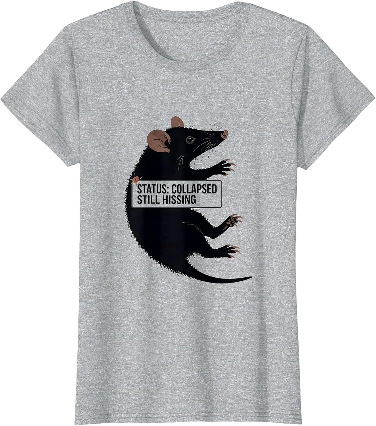 Women's STATUS: COLLAPSED, STILL HISSING Funny Opossum Meme Animal T-Shirt - Heather Grey