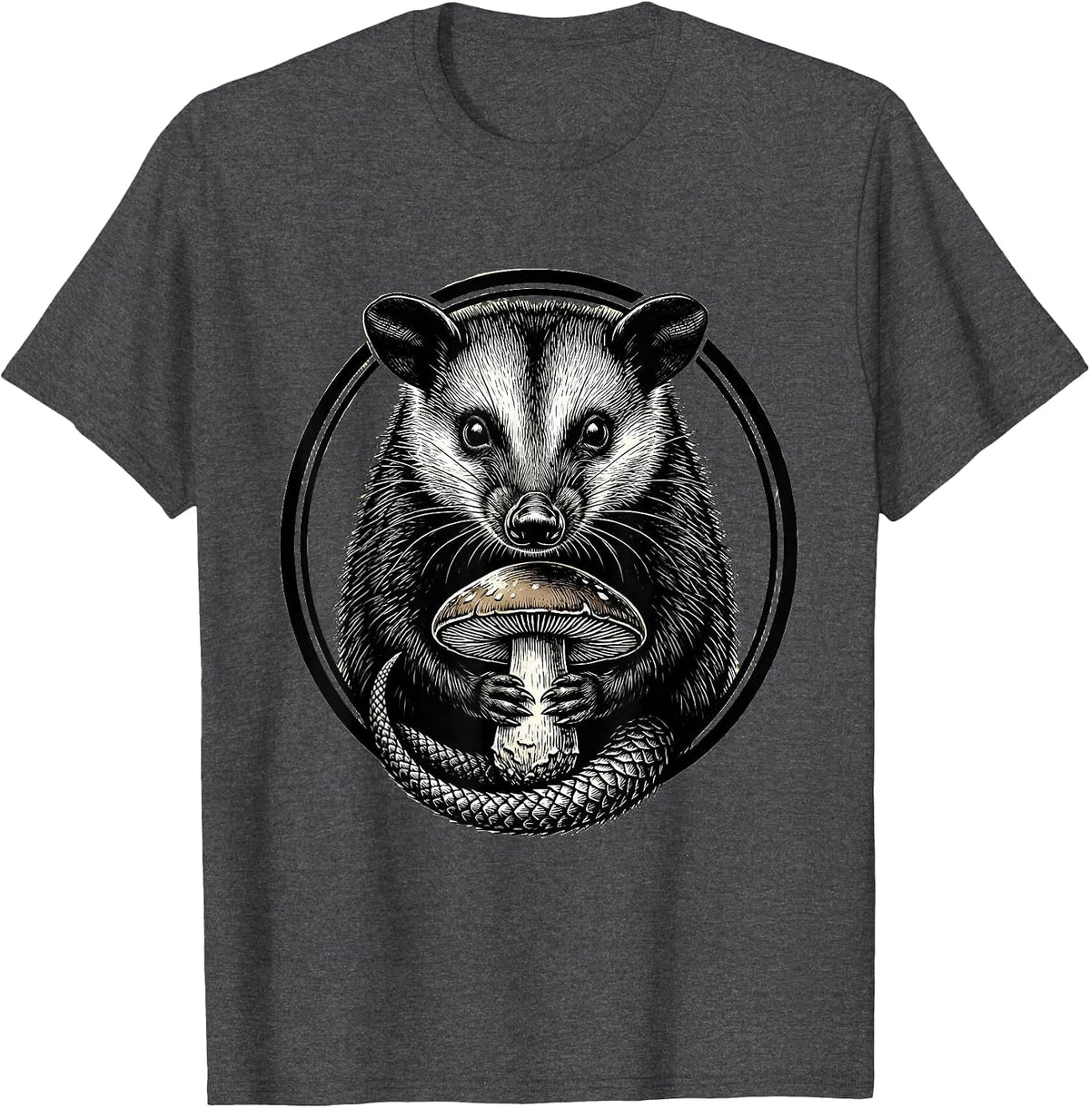 Men's Opossum Holding Mushroom Cute Wildlife Art T-Shirt - Dark Heather Grey