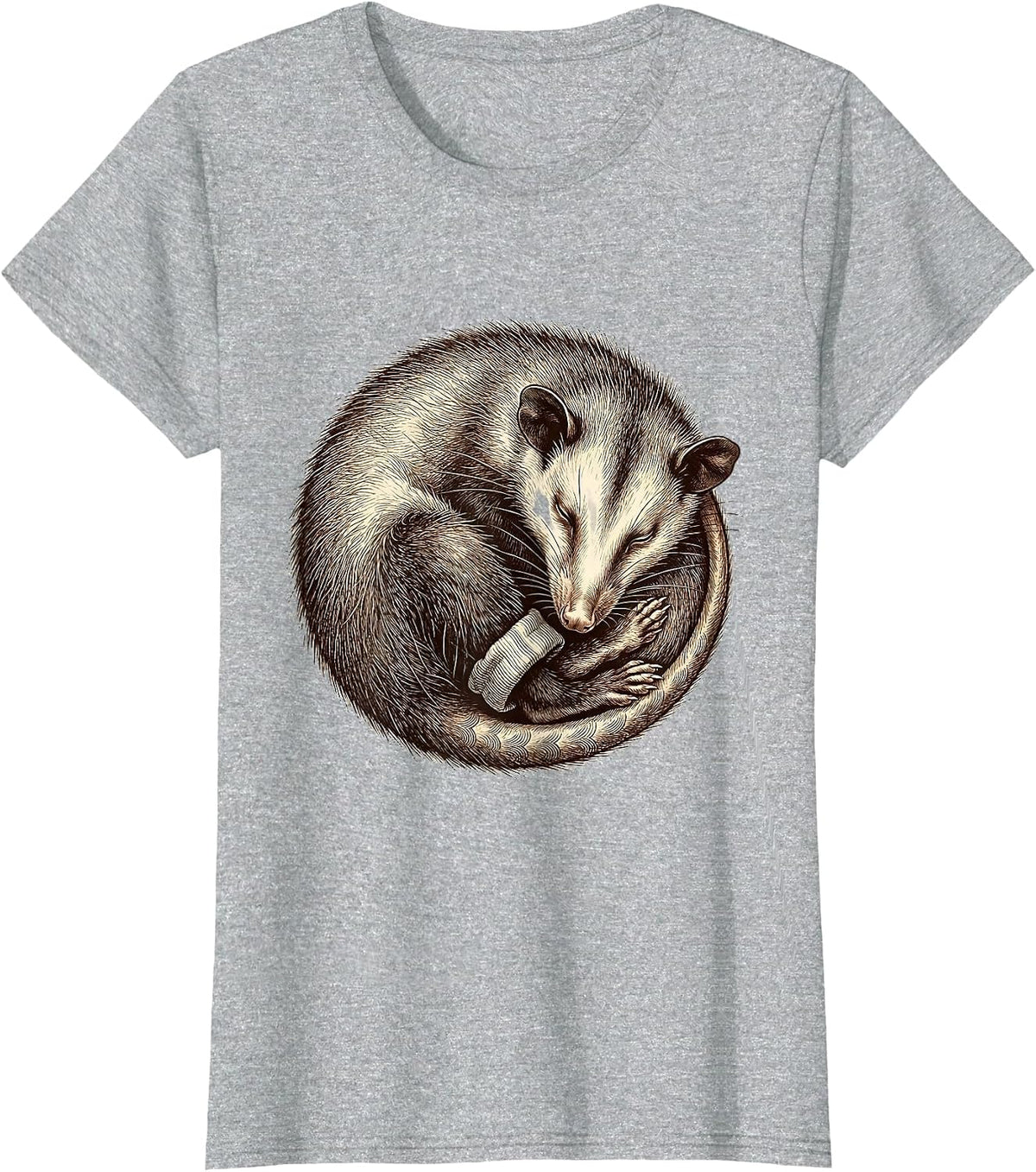 Sleepy Virginia Opossum Crosshatch Etching Cozy Pajama T-Shirt - Heather Grey