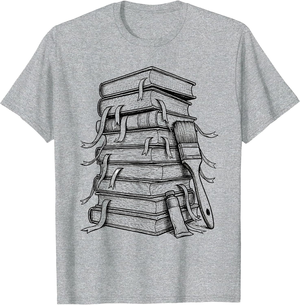 Men's Art Teacher Stacked Books Illustration Gift T-Shirt - Heather Grey