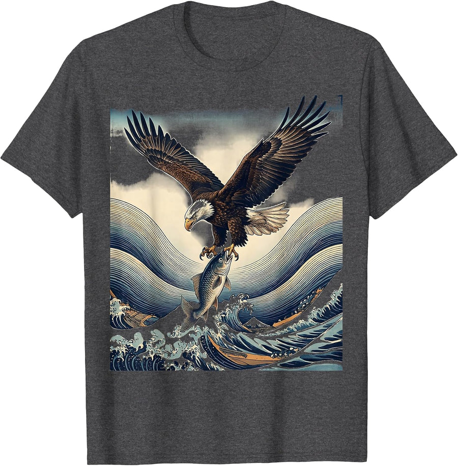 Men's Eagle Diving at Jumping Fish Fishing Graphic T-Shirt - Dark Heather Grey