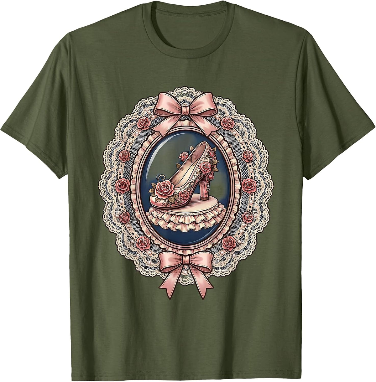 Ballet Flat With Climbing Roses Illustration T-Shirt - Olive Green