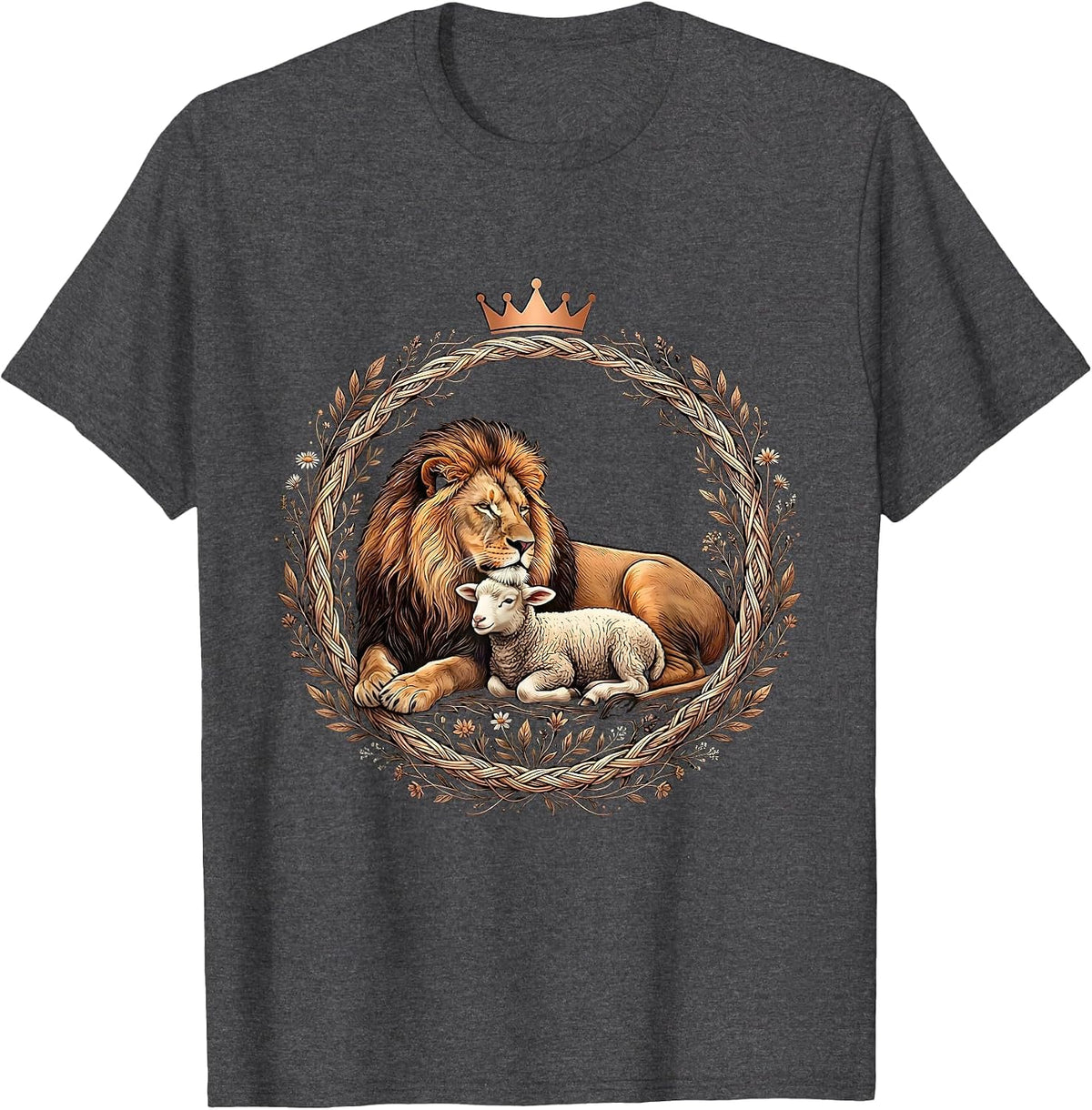 Men's Jesus Is King Lion and Lamb Resting Together T-Shirt - Dark Heather Grey