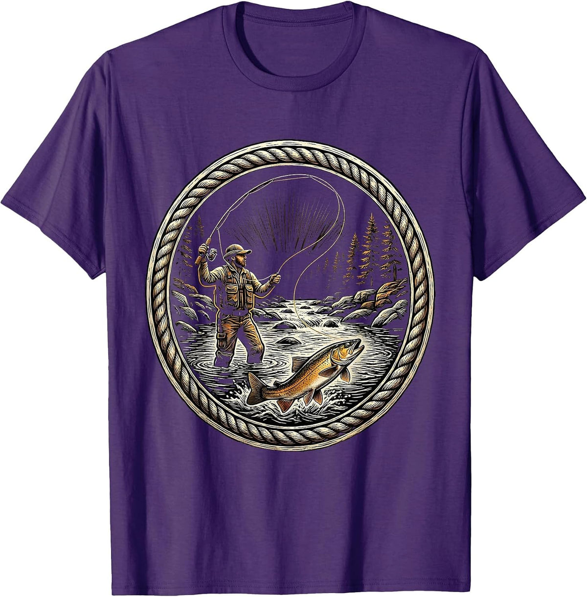 Fly Fisher Casting in Stream Trout Fishing T-Shirt - Purple