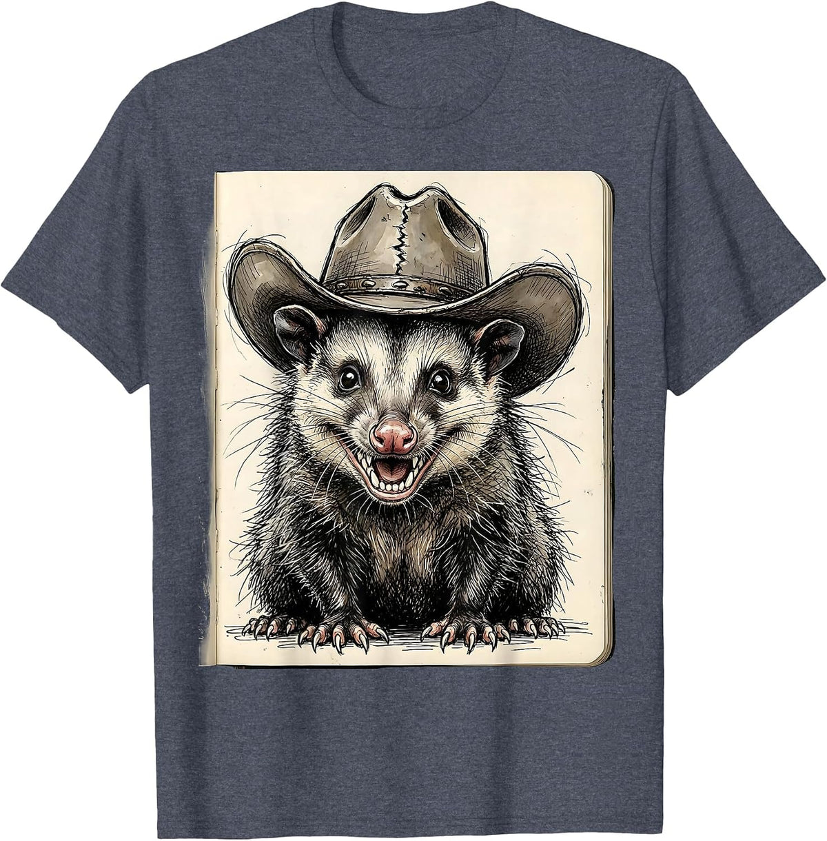 Cowboy Opossum Cute Funny Western Wildlife Art T-Shirt - Heather Blue