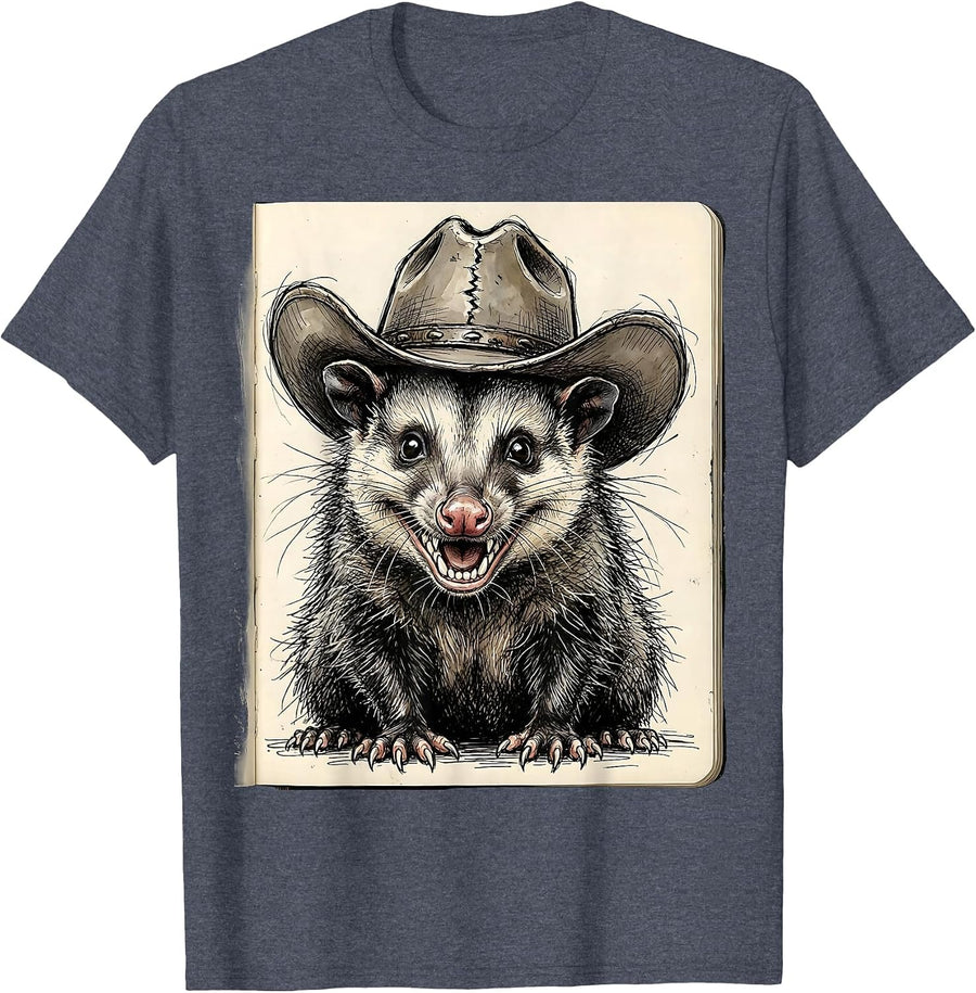 Cowboy Opossum Cute Funny Western Wildlife Art T-Shirt - Heather Blue