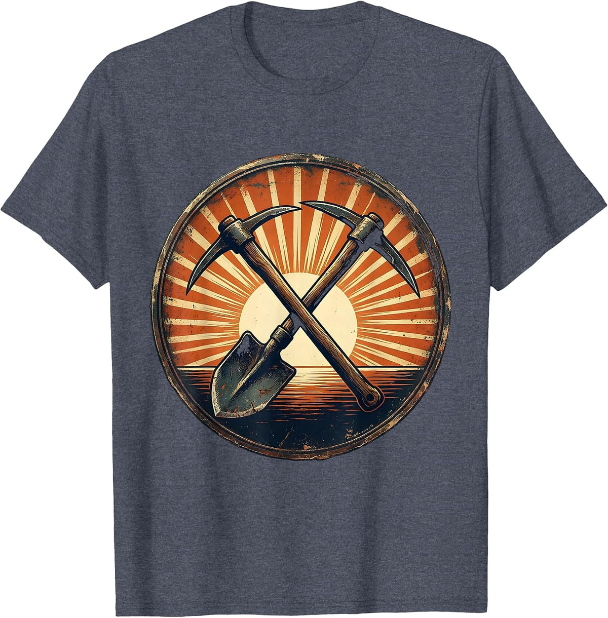 Labor Day Pickaxe Shovel Rising Sun Graphic T-Shirt - Heather Blue