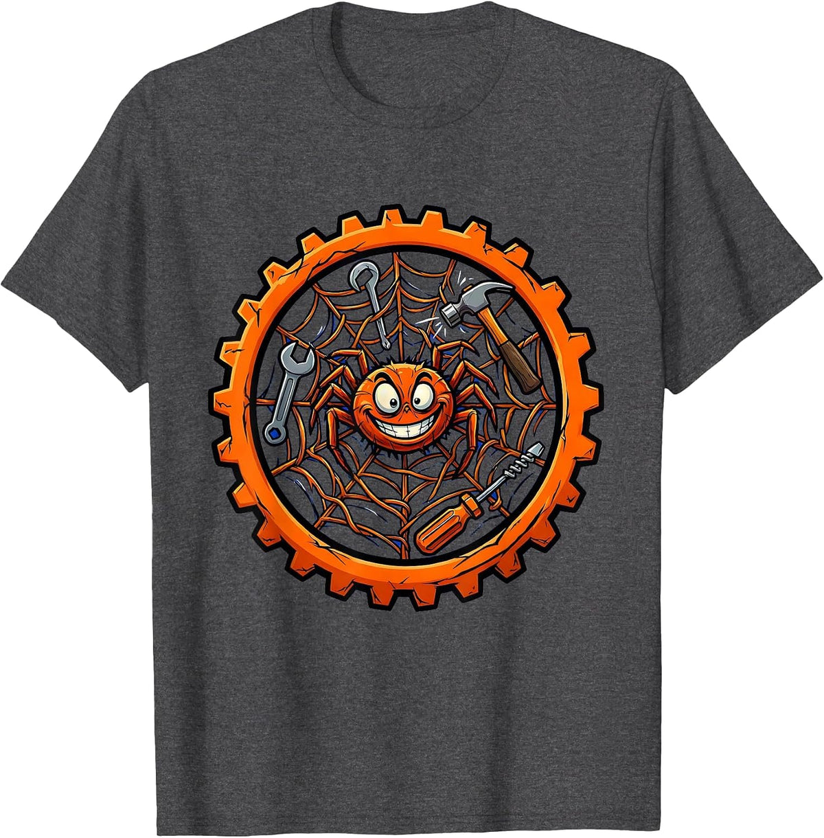Unhinged Chaotic Spider Web Tangled Tools Design T-Shirt - Dark Heather Grey