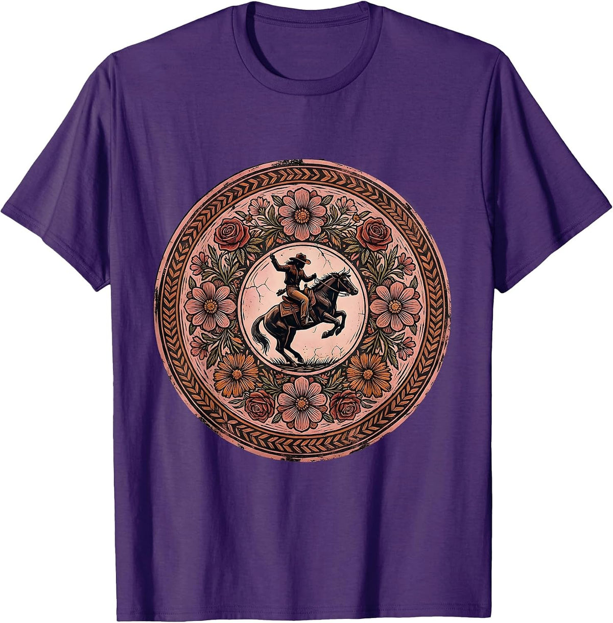 Pink Cowgirl Riding Bucking Bronco Rodeo Art T-Shirt - Purple