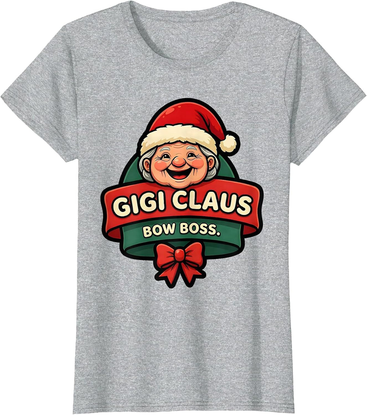 Gigi Claus Bow Boss Cartoon Grandma Santa Hat Family T-Shirt - Heather Grey