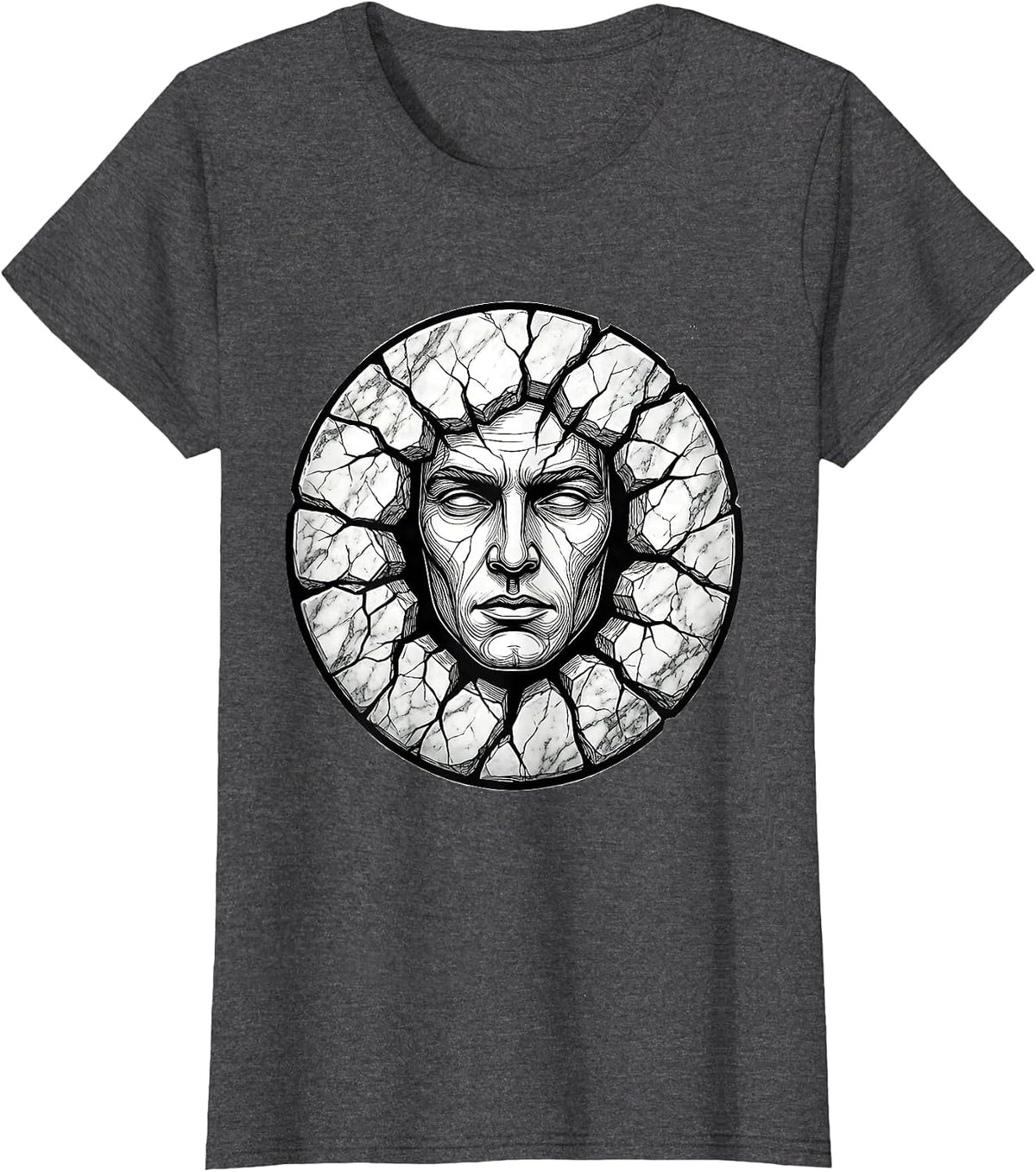 Women's Human Face Emerging From Cracked Marble Slab T-Shirt - Dark Heather Grey