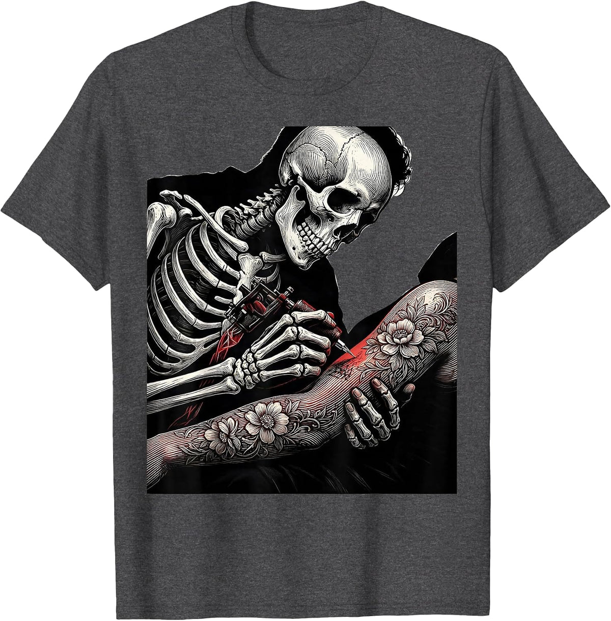 Skeleton Tattoo Artist Inking Client Illustration T-Shirt - Dark Heather Grey