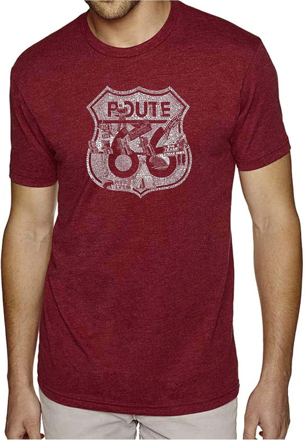 LA POP ART Men's Premium Blend Word Art T-Shirt - Stops Along Route 66 - Burgundy