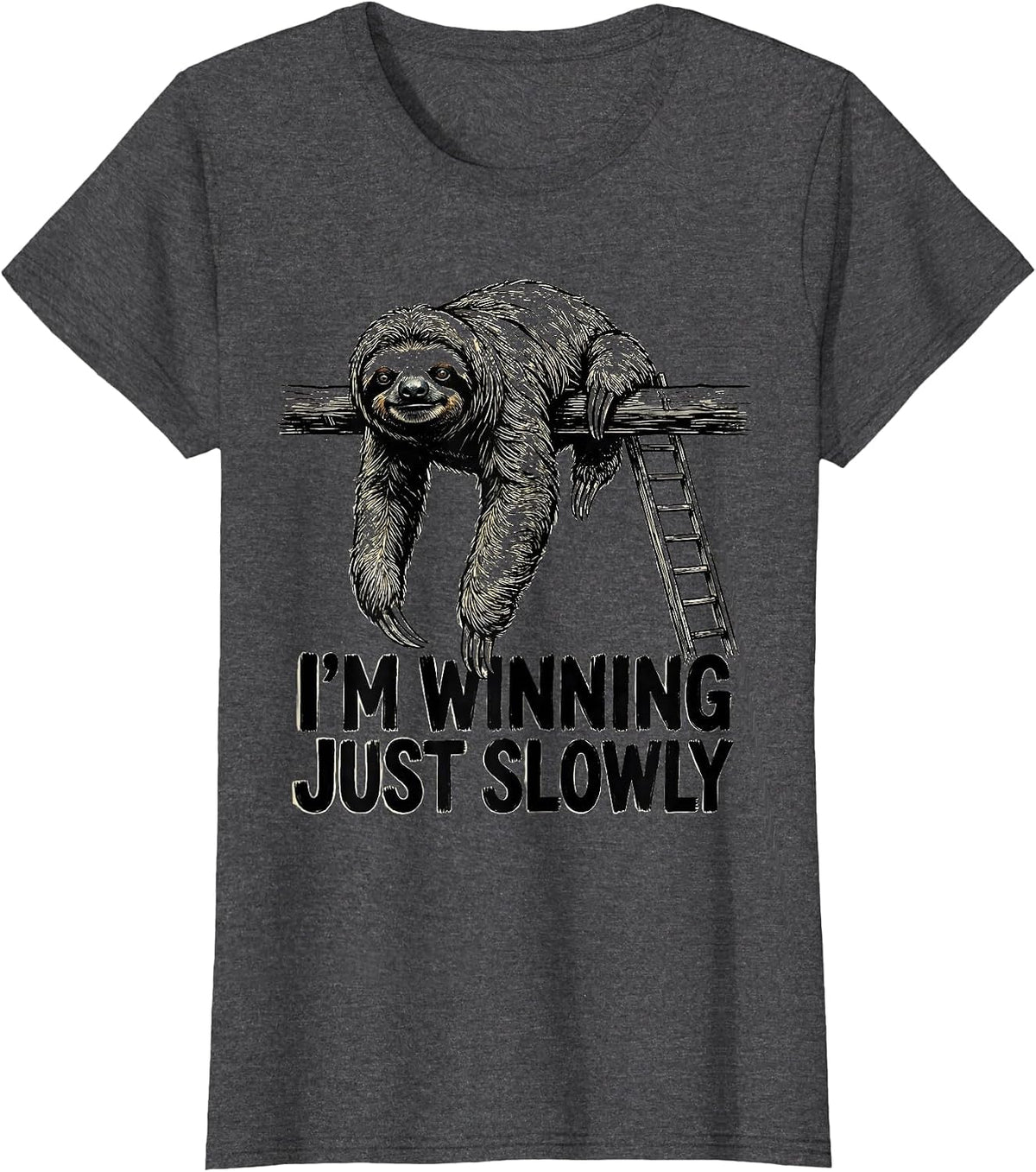 Women's I’m Winning, Just Slowly Funny Sloth Lover Humor T-Shirt - Dark Heather Grey