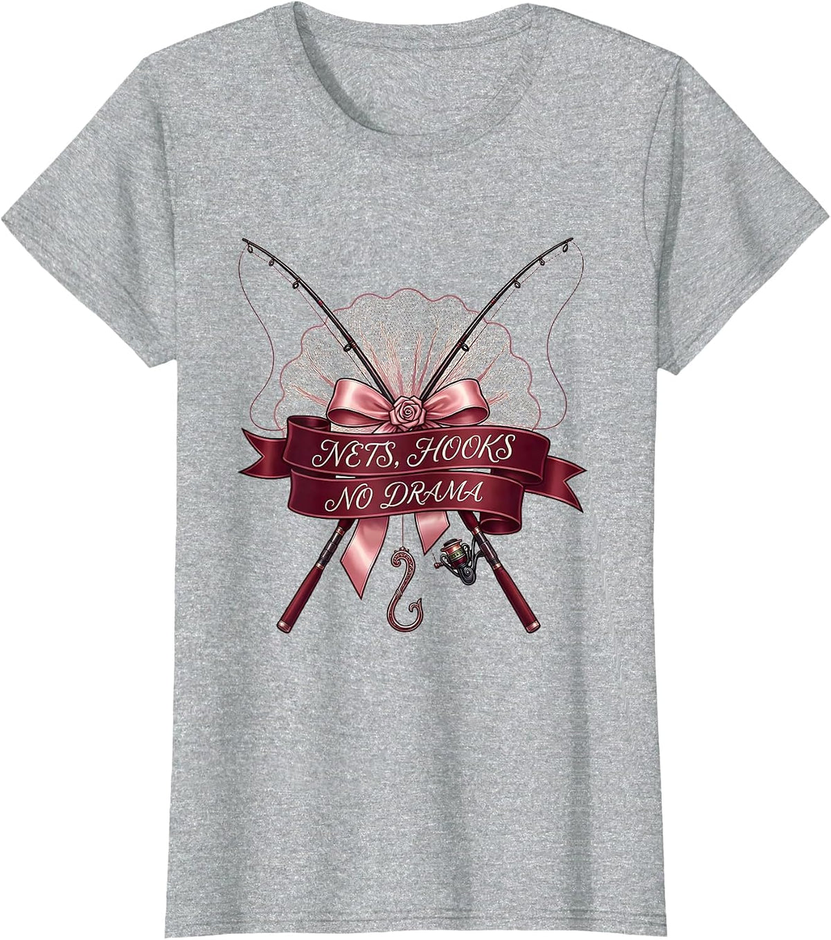 Women's Nets Hooks No Drama Fishing Design T-Shirt - Heather Grey